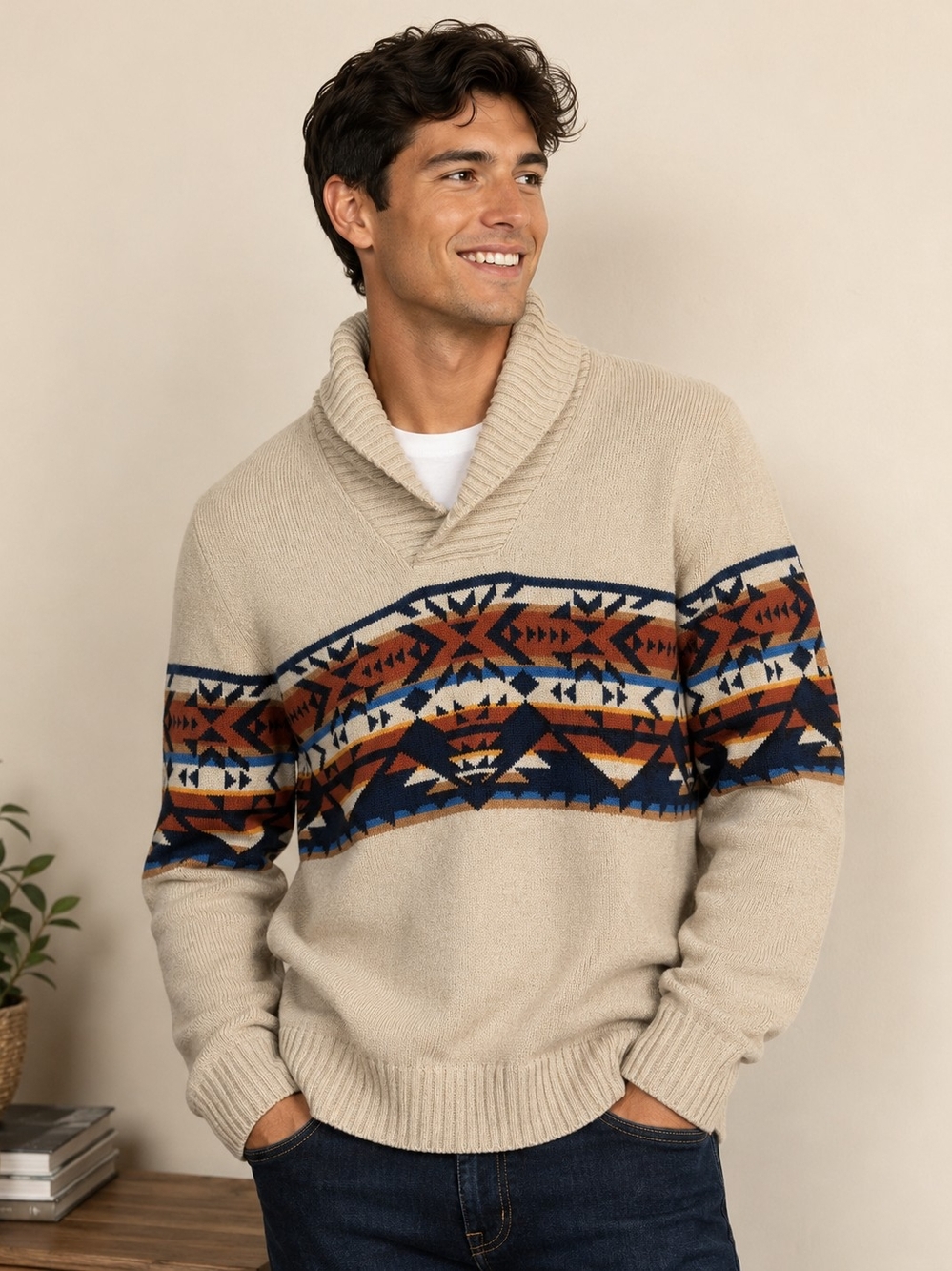 American Rag Men’s Large 100% Cotton Southwestern Aztec Shawl Collar Sweater